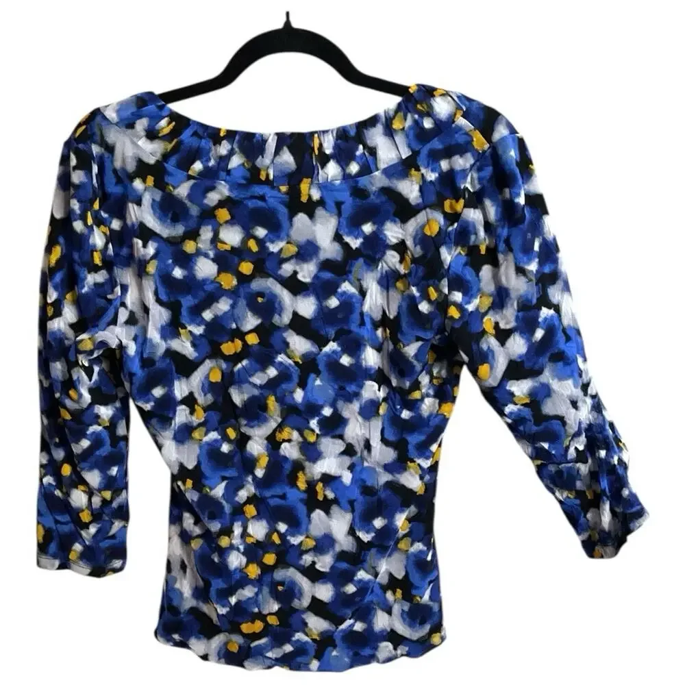 ALFANI Blue‎ Abstract Floral Print 3/4 Sleeve Tunic Blouse Sz L Pleated Neckline